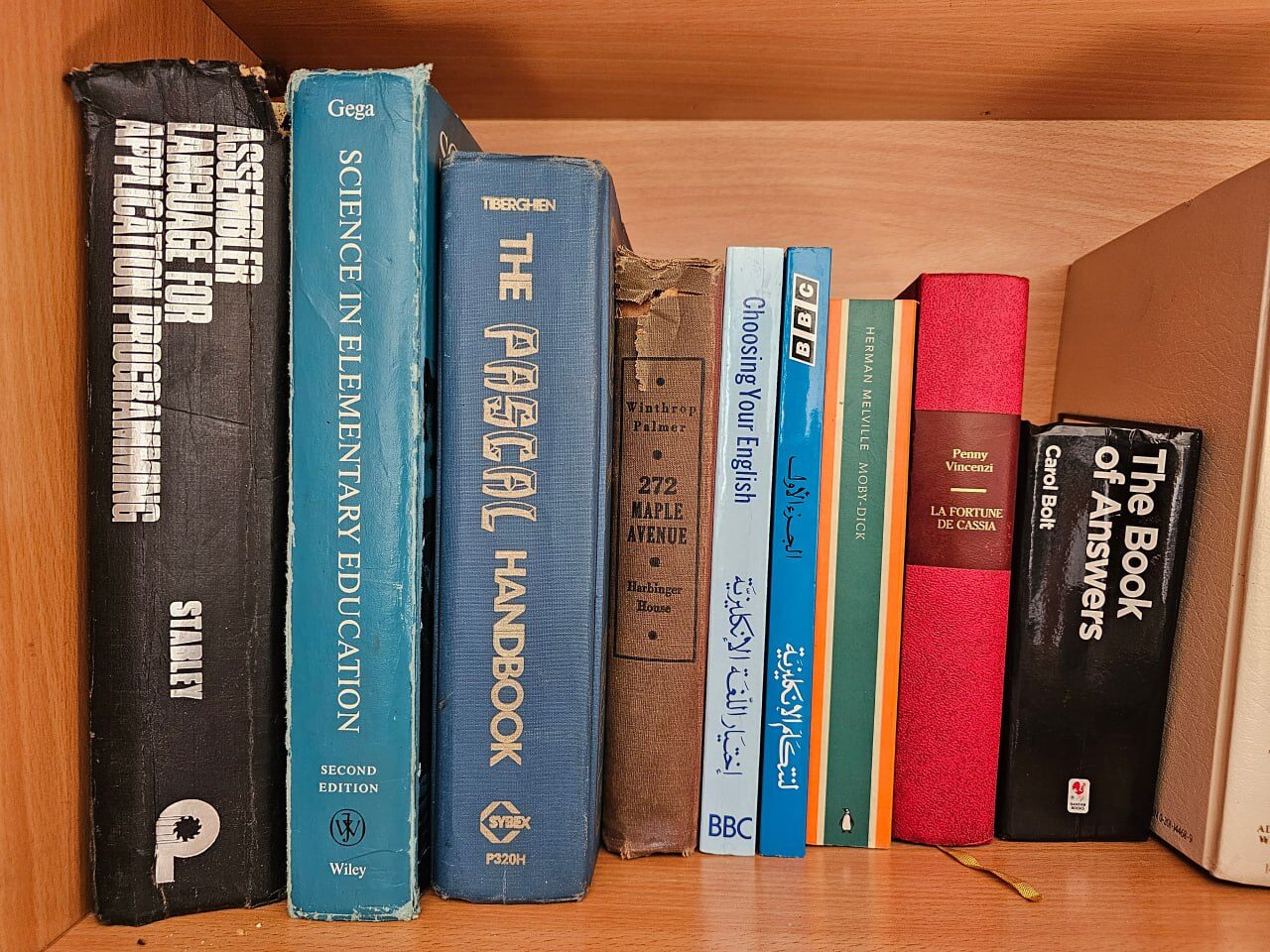 A shelf of books to explore at Beit Al-Ilm