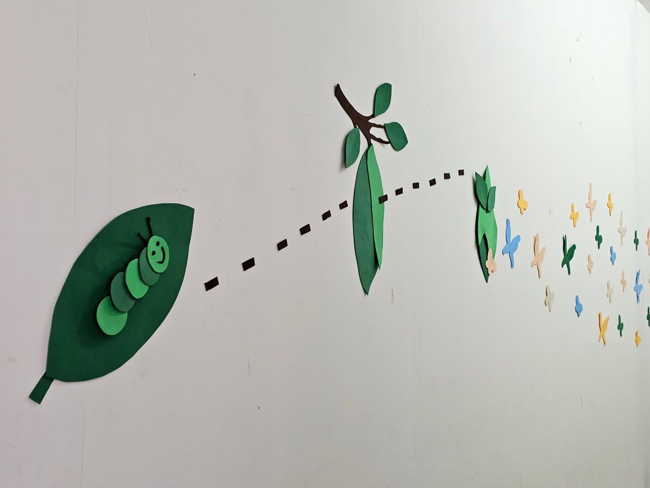 A wall mural of a caterpillar on a leaf turning into butterflies