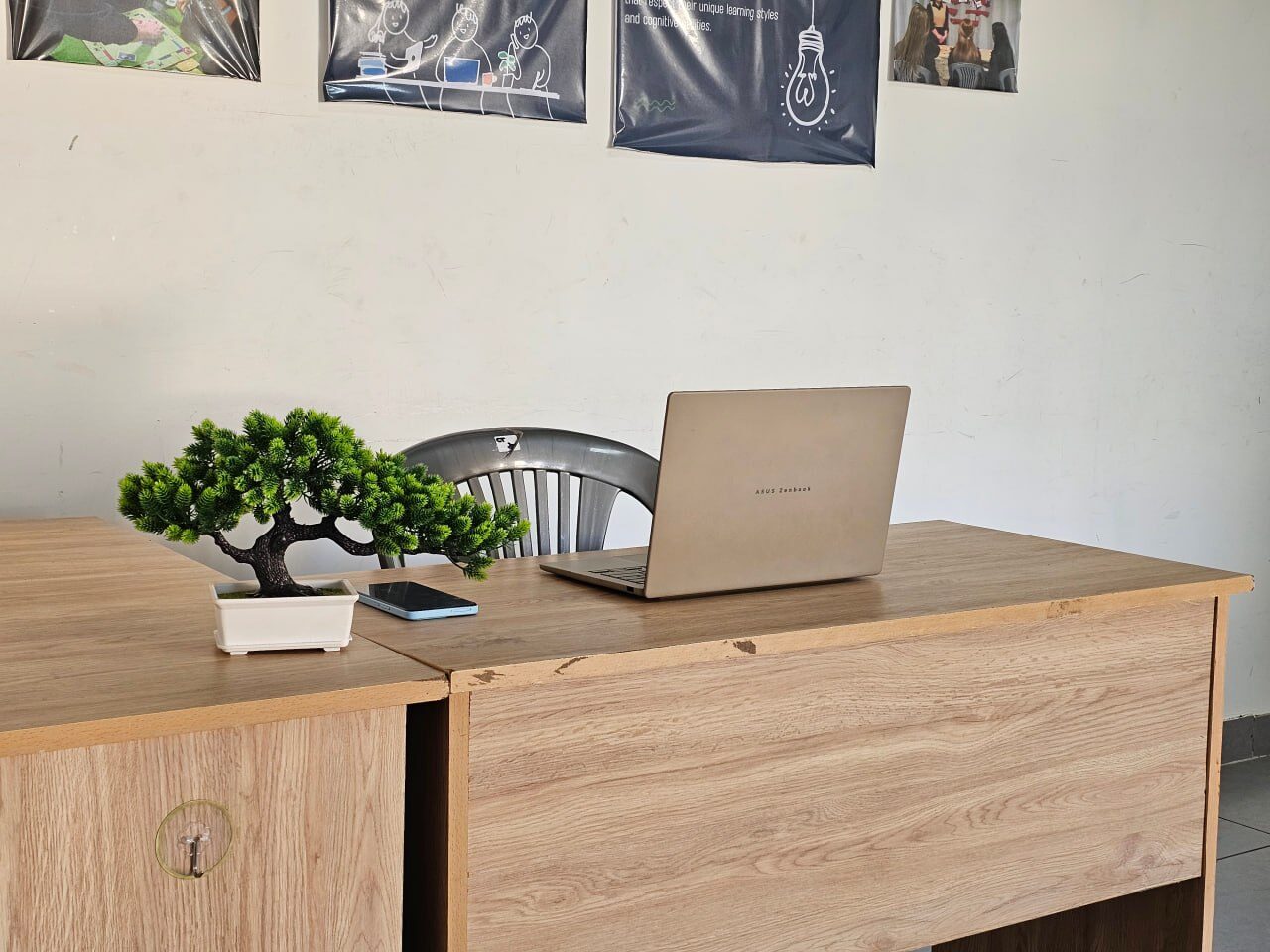 A desk with a laptop and a small bonsai