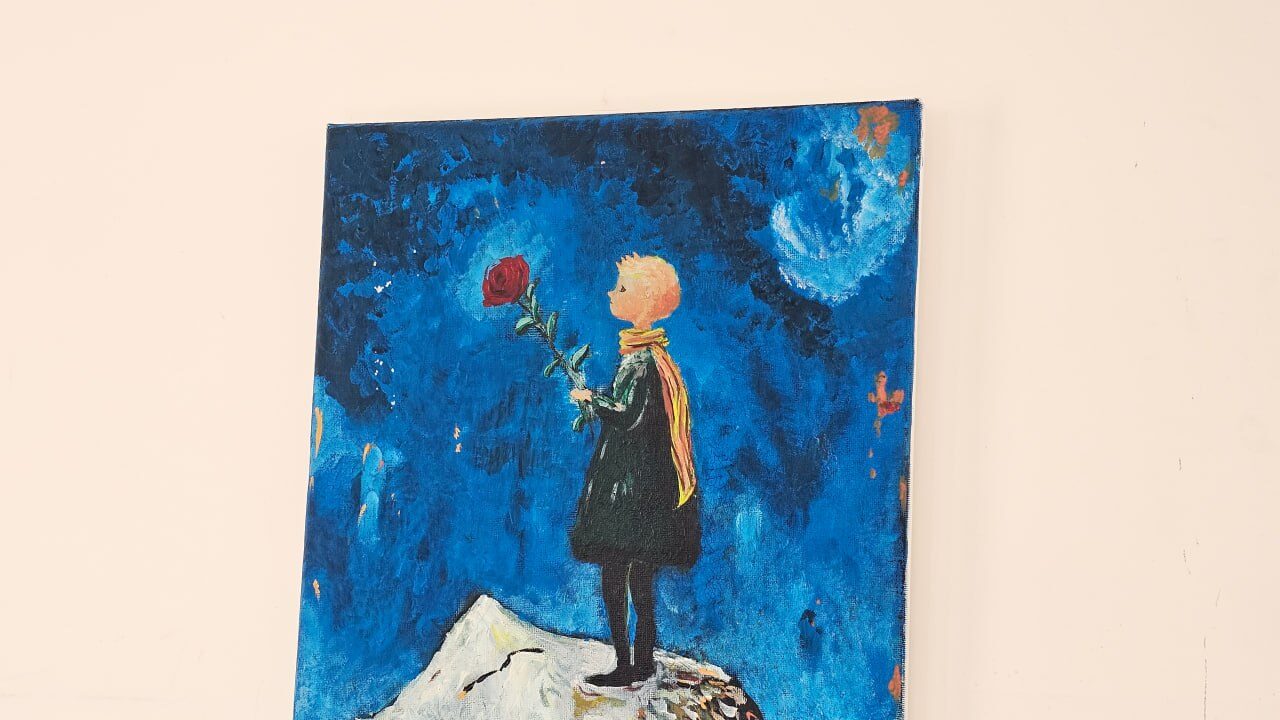 A painting of the Little Prince holding a rose